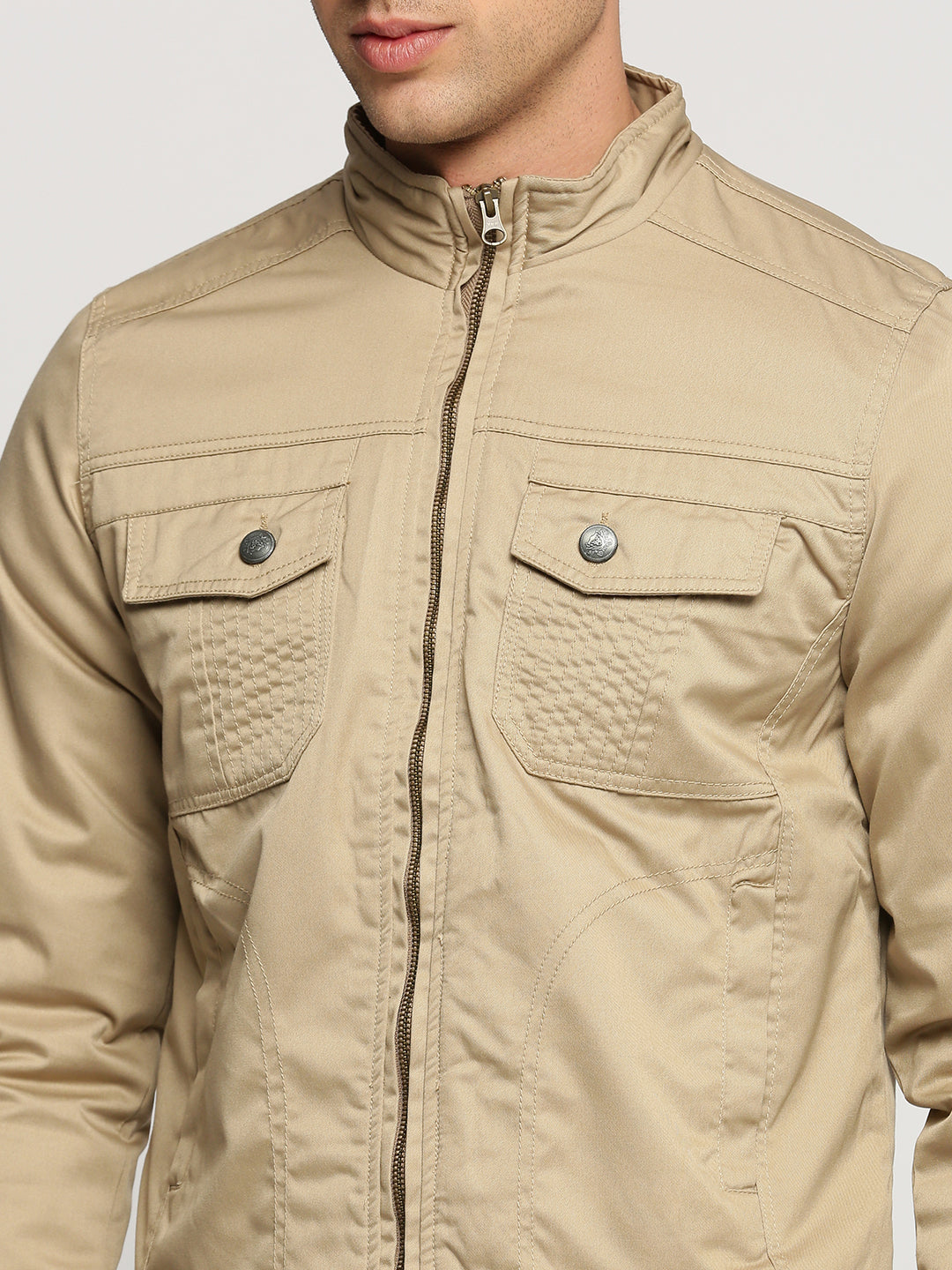 Men Beige Mock Collar Solid Tailored Jacket