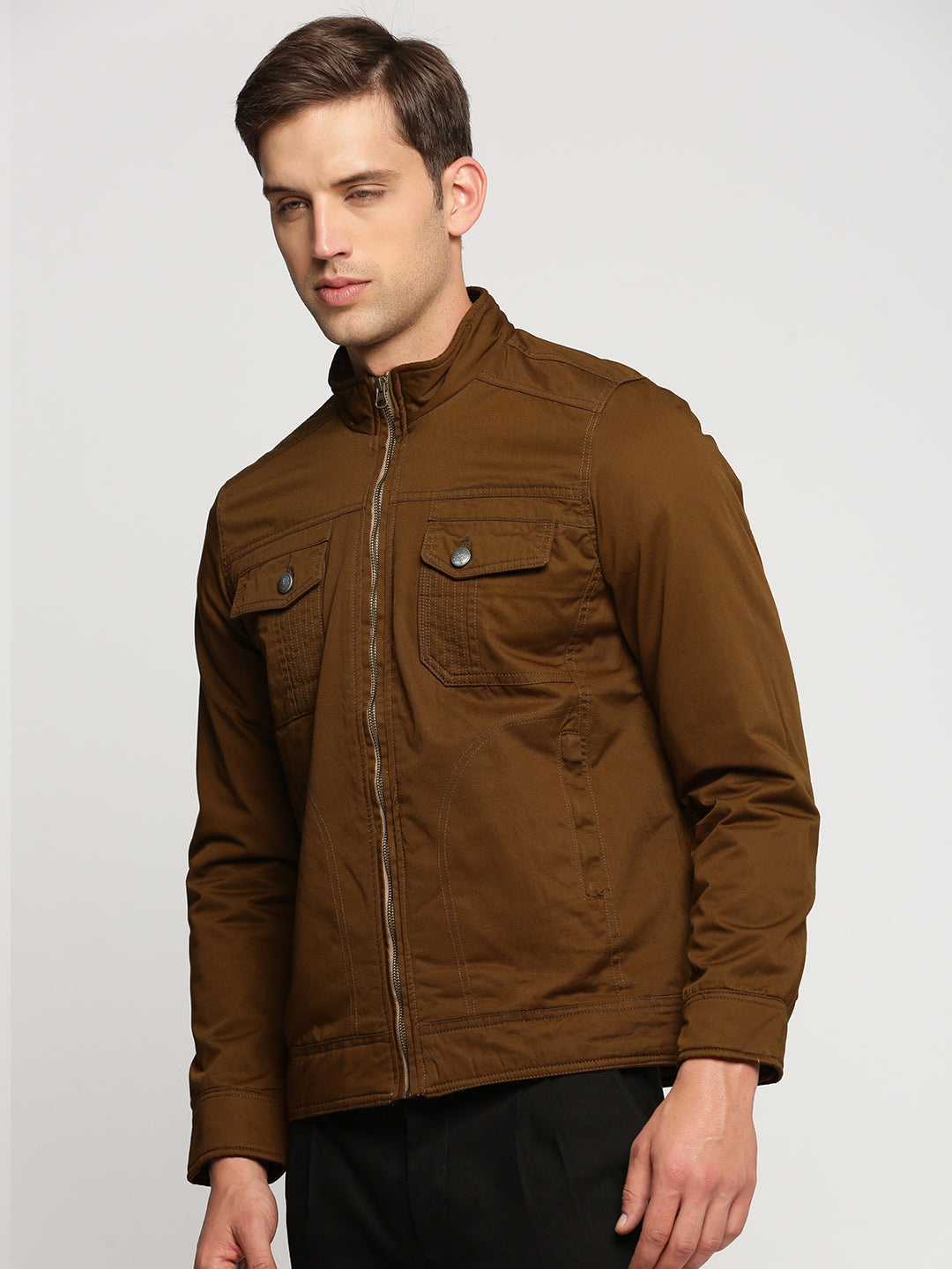 Men's Brown Mock Collar Cotton Tailored Jacket