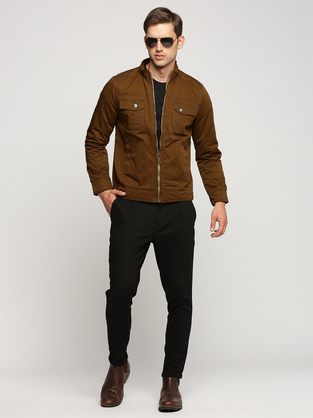 Men's Brown Mock Collar Cotton Tailored Jacket