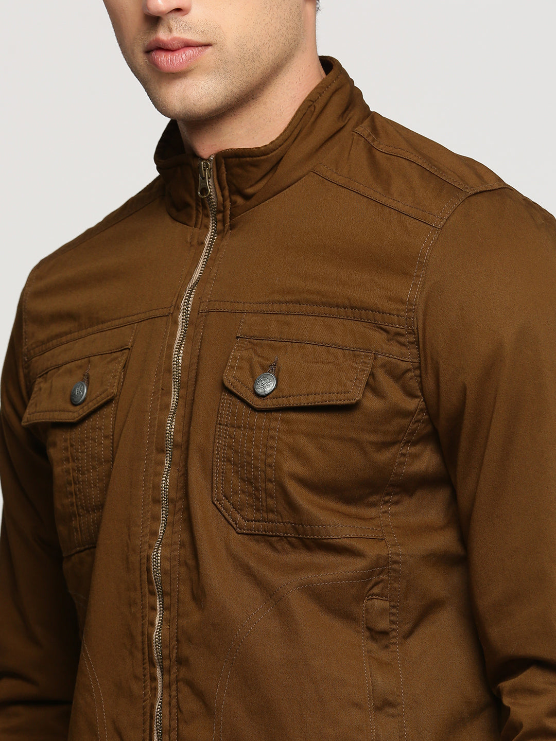 Men's Brown Mock Collar Cotton Tailored Jacket