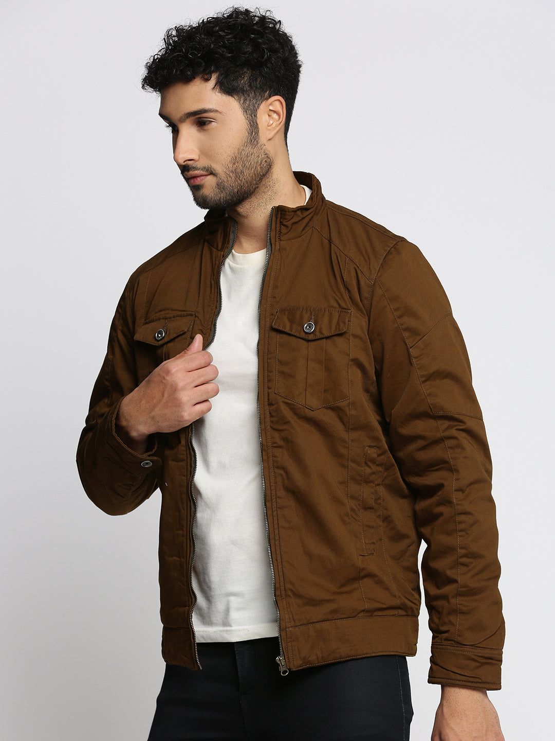 Men Brown Mock Collar Solid Tailored Jacket