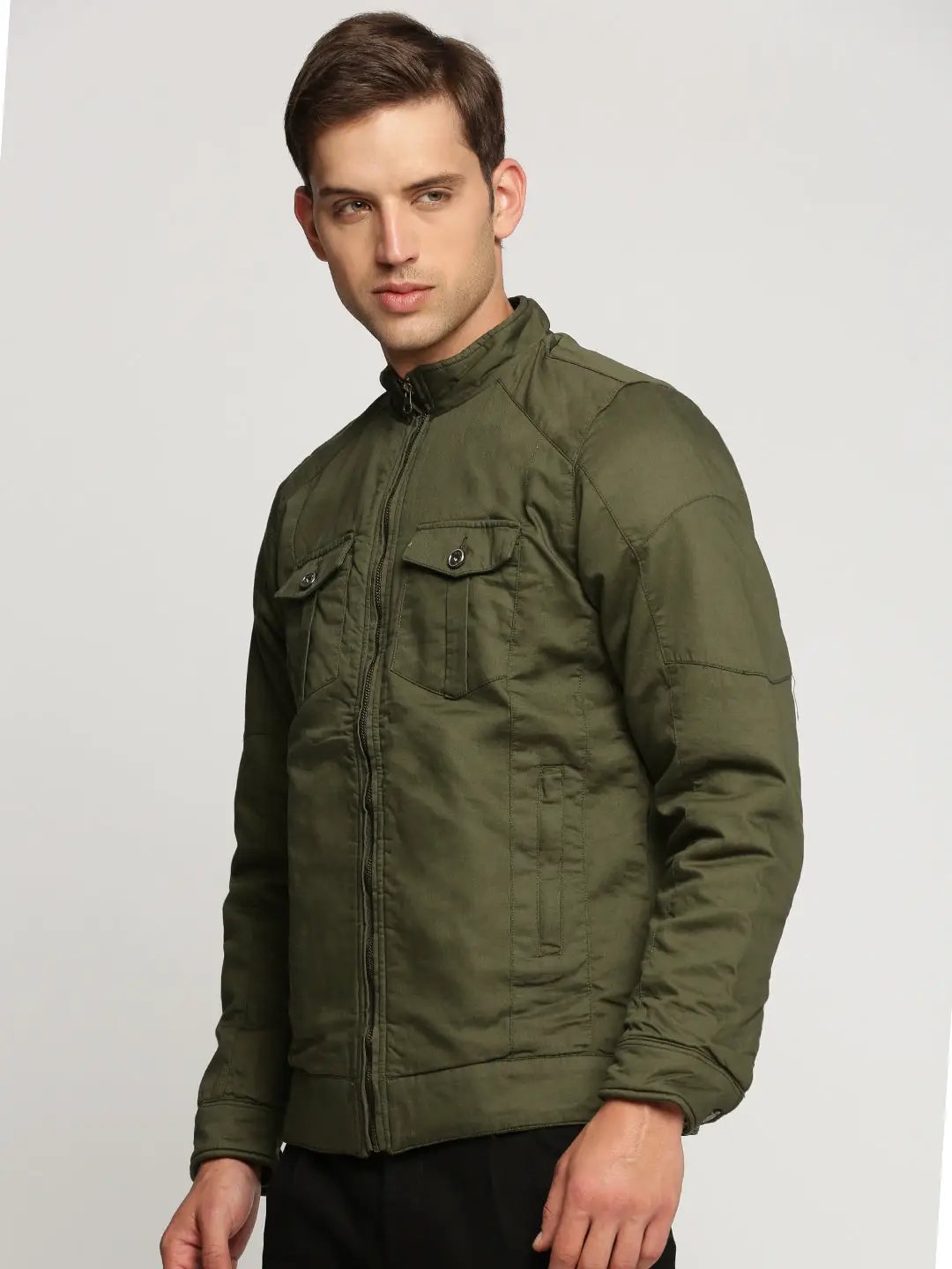 Men's Olive Mock Collar Cotton Tailored Jacket