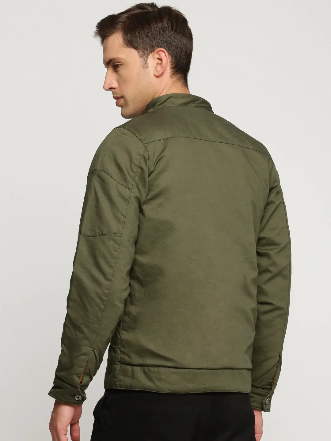 Men's Olive Mock Collar Cotton Tailored Jacket