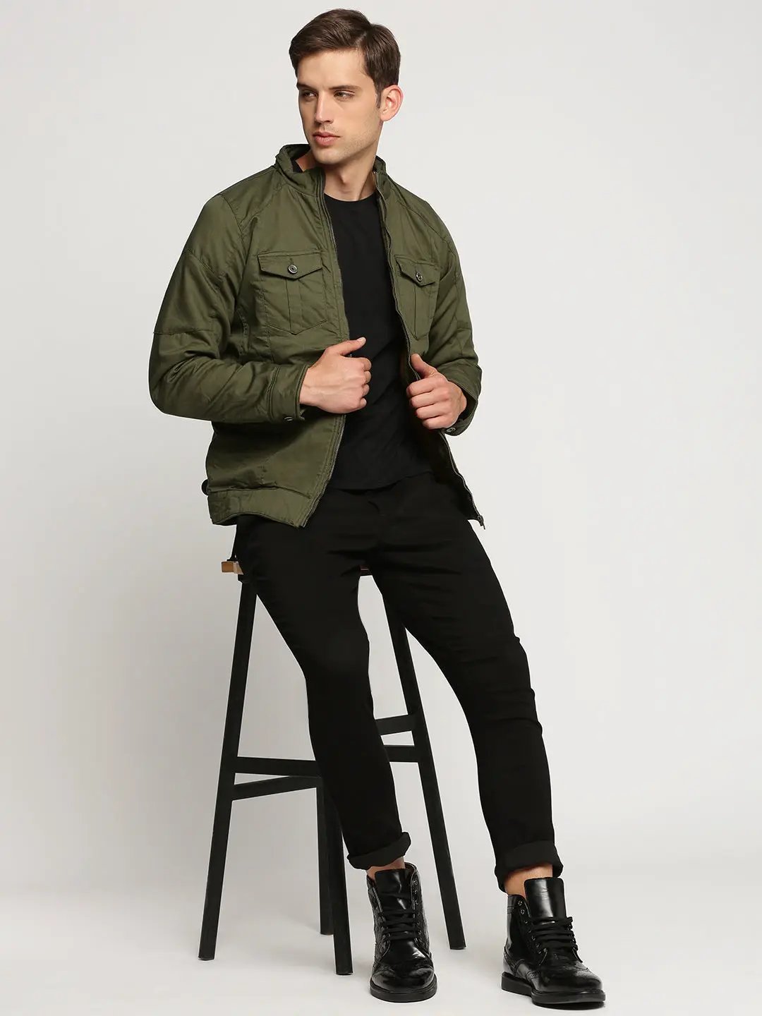 Men's Olive Mock Collar Cotton Tailored Jacket