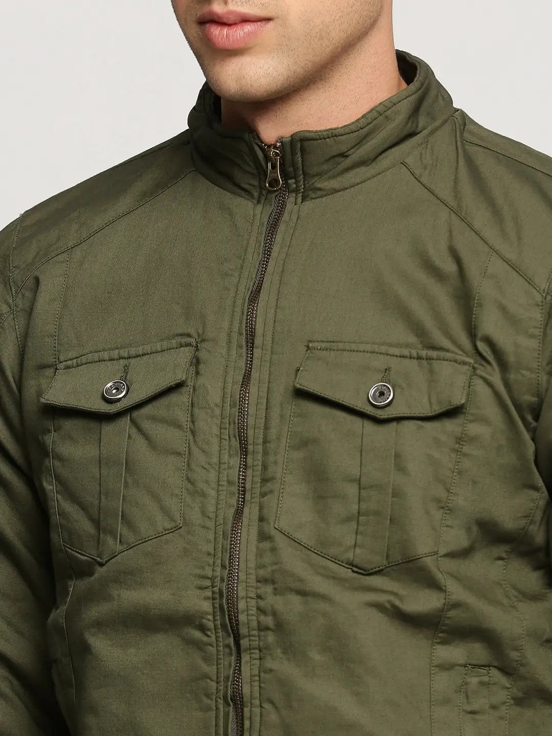 Men's Olive Mock Collar Cotton Tailored Jacket