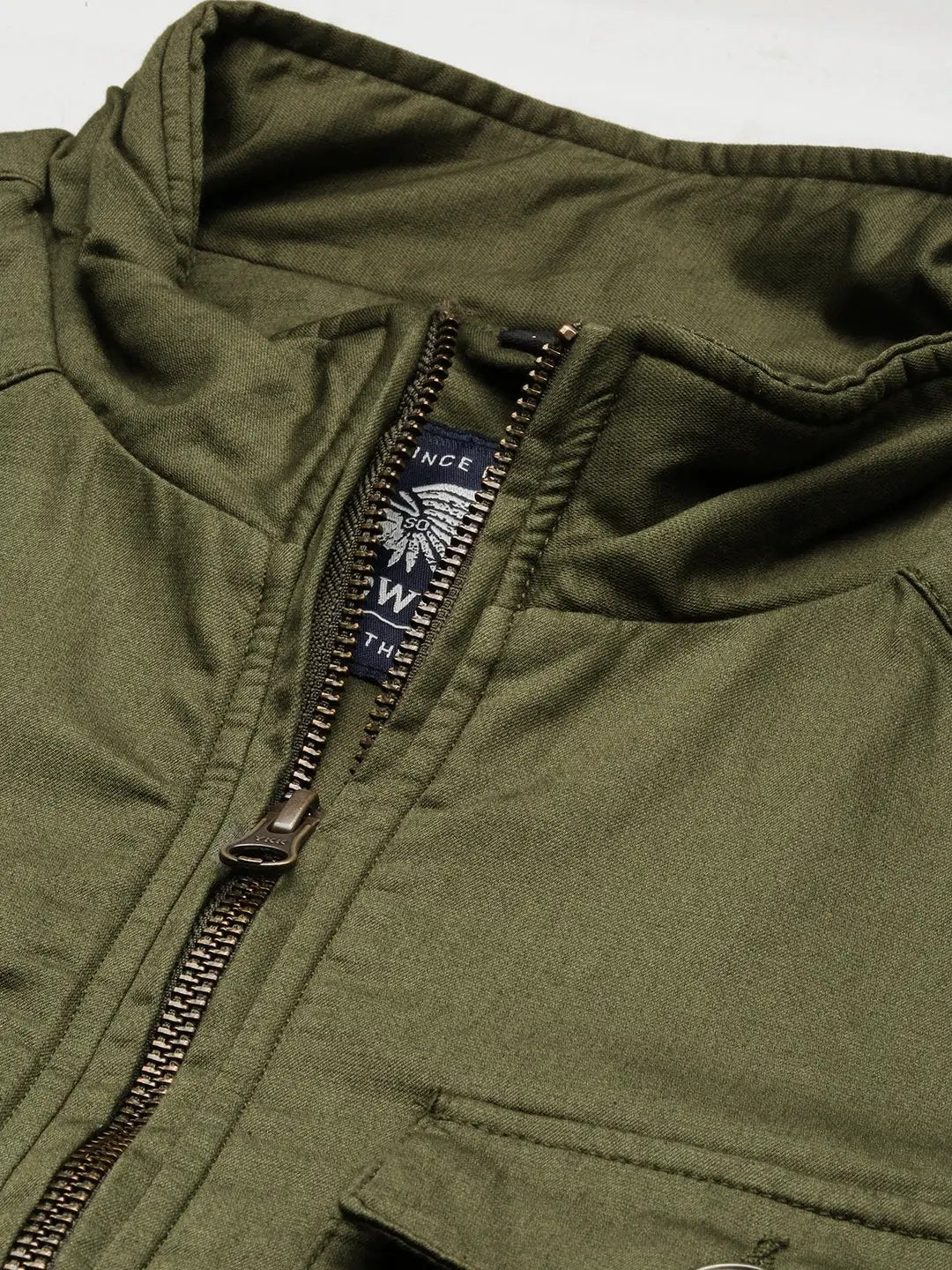 Men's Olive Mock Collar Cotton Tailored Jacket