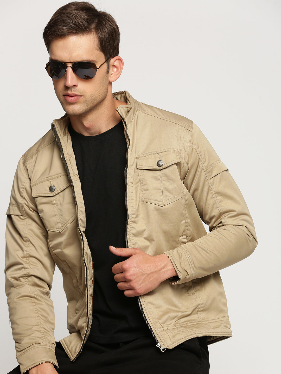 Men Beige Mock Collar Solid Tailored Jacket