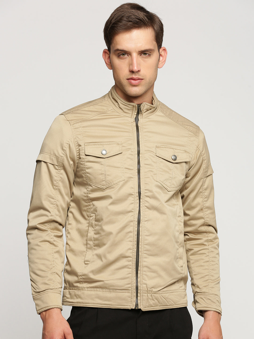 Men Beige Mock Collar Solid Tailored Jacket