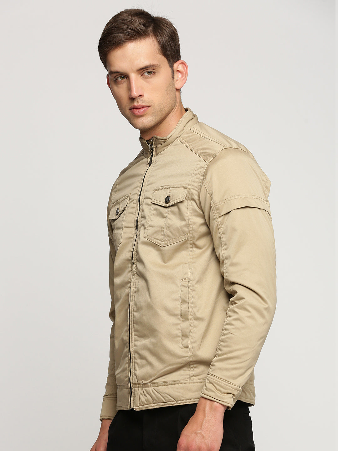 Men Beige Mock Collar Solid Tailored Jacket