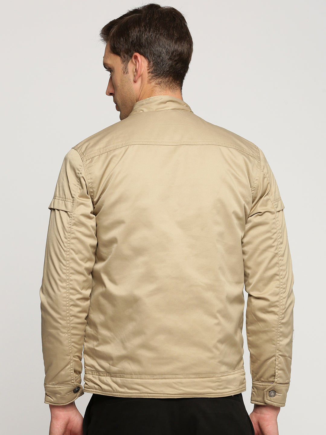 Men Beige Mock Collar Solid Tailored Jacket