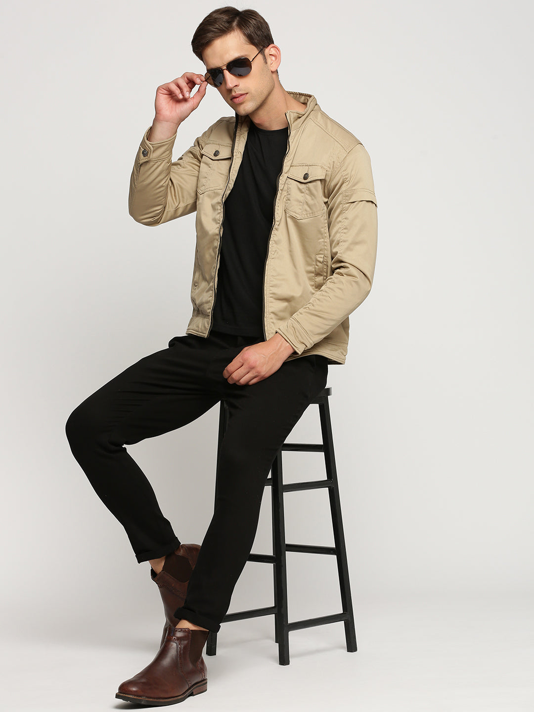 Men Beige Mock Collar Solid Tailored Jacket