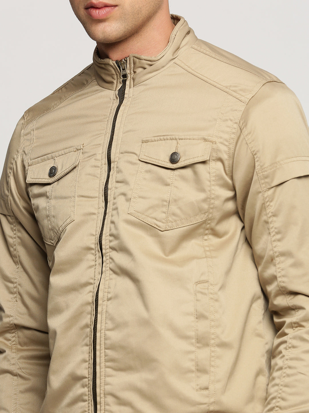 Men Beige Mock Collar Solid Tailored Jacket