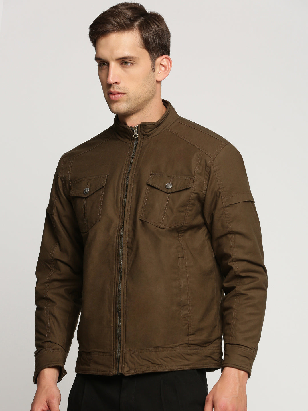 Men Brown Mock Collar Solid Tailored Jacket