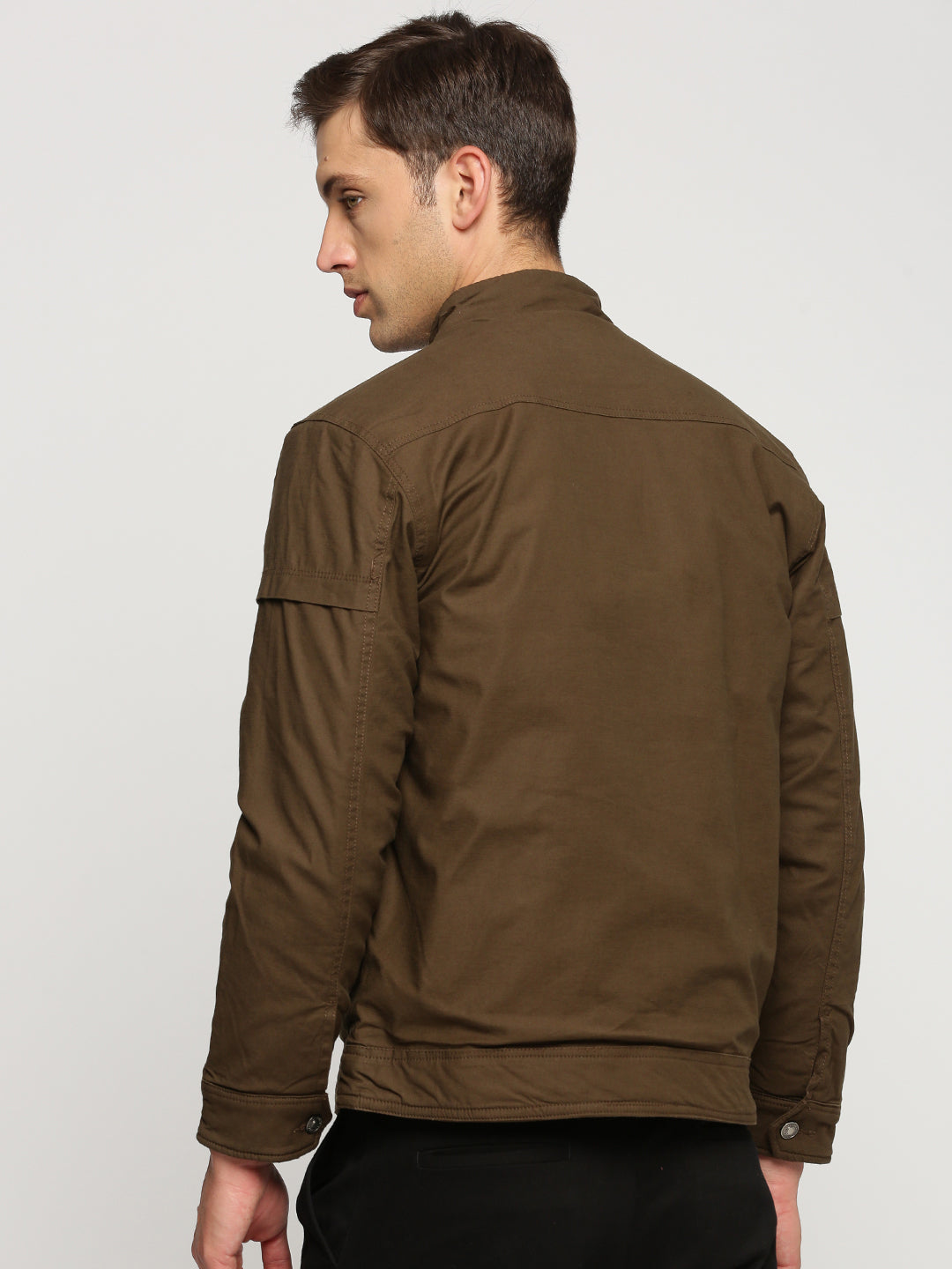 Men Brown Mock Collar Solid Tailored Jacket