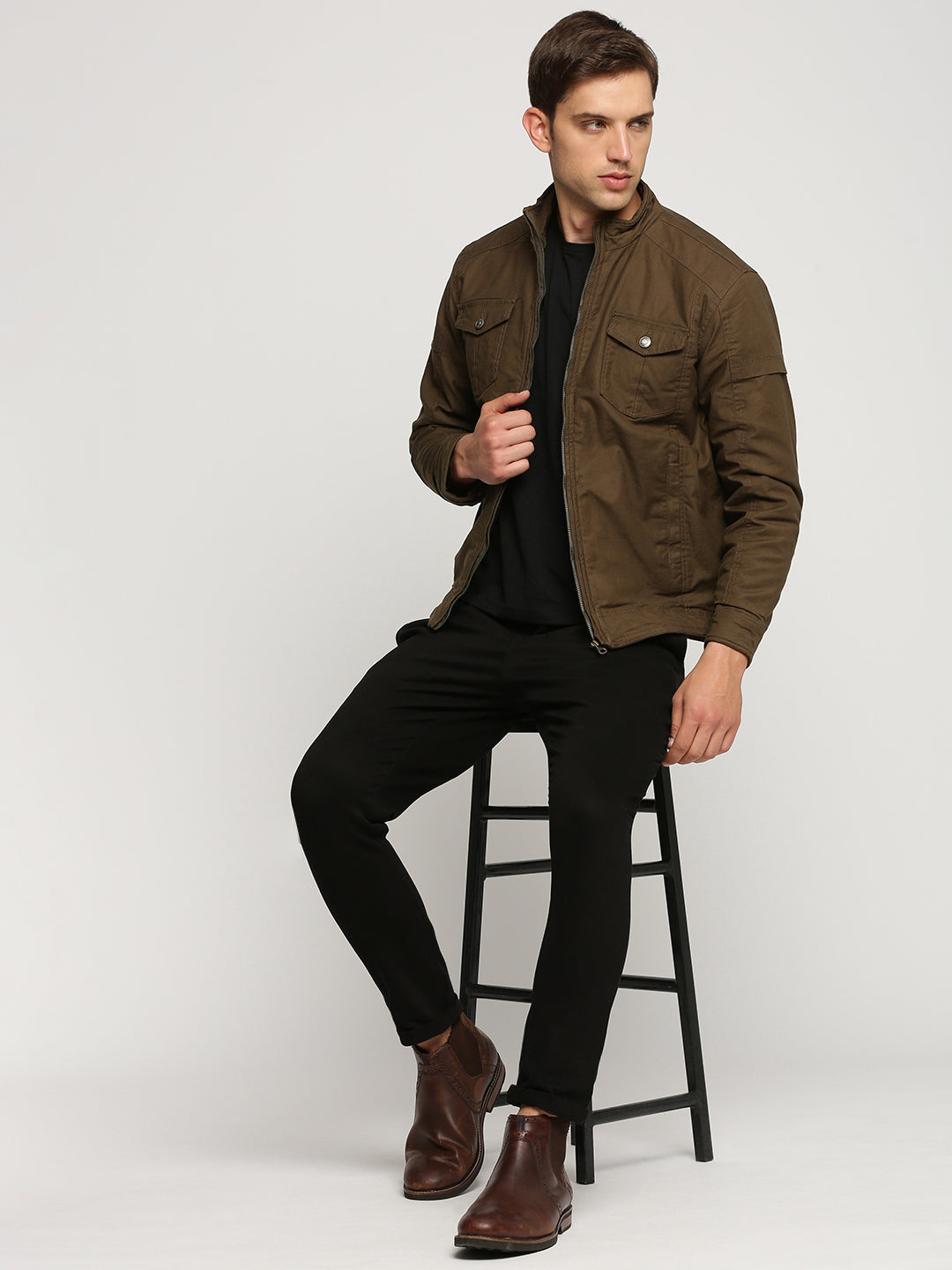 Men Brown Mock Collar Solid Tailored Jacket