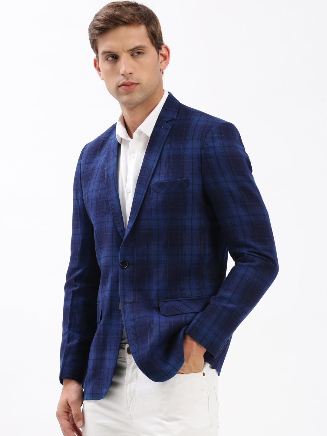 Men Notched Lapel Checked Navy Blue Blazer