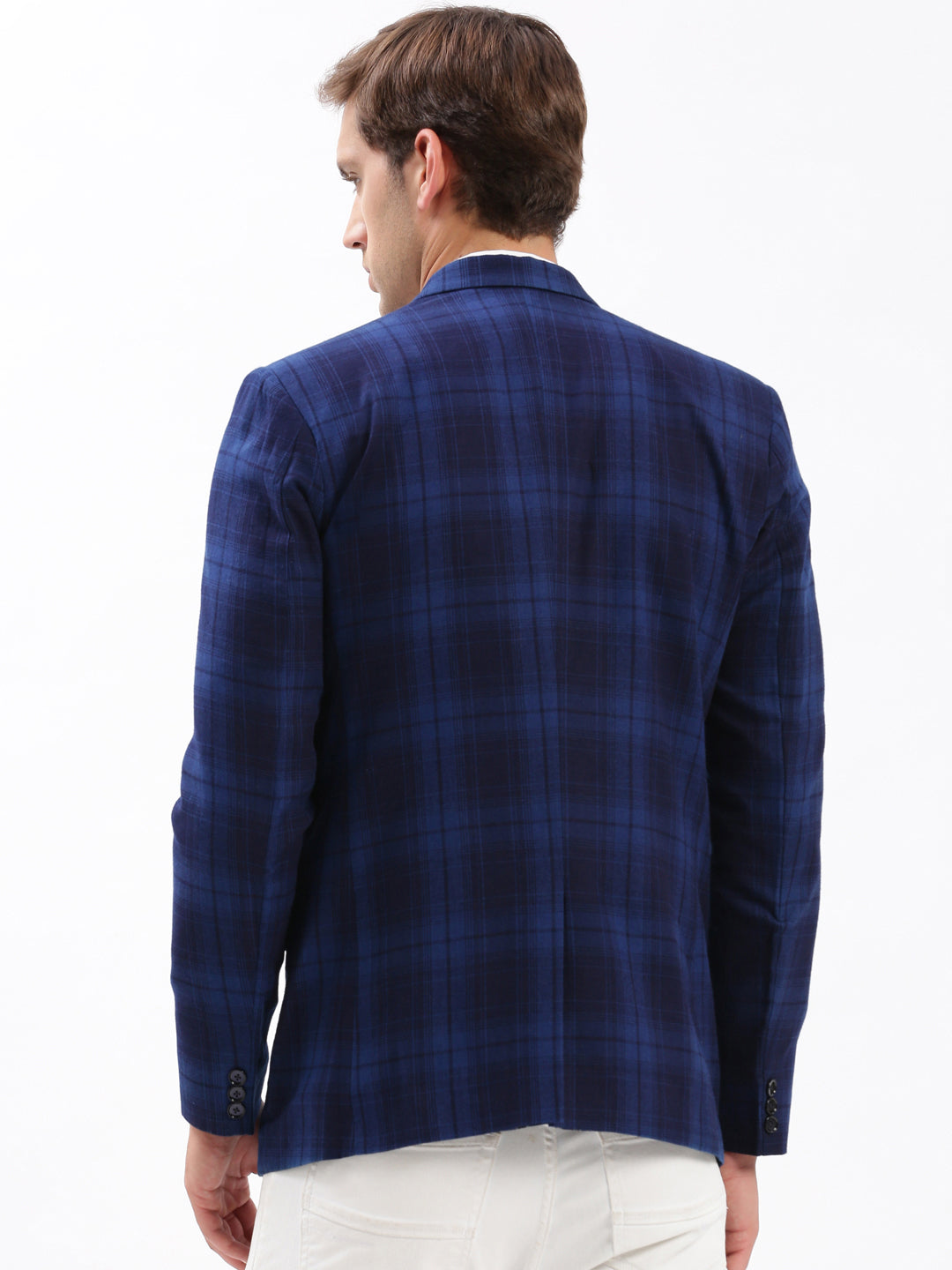 Men Notched Lapel Checked Navy Blue Blazer