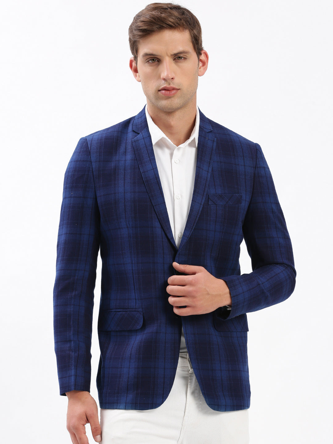 Men Notched Lapel Checked Navy Blue Blazer