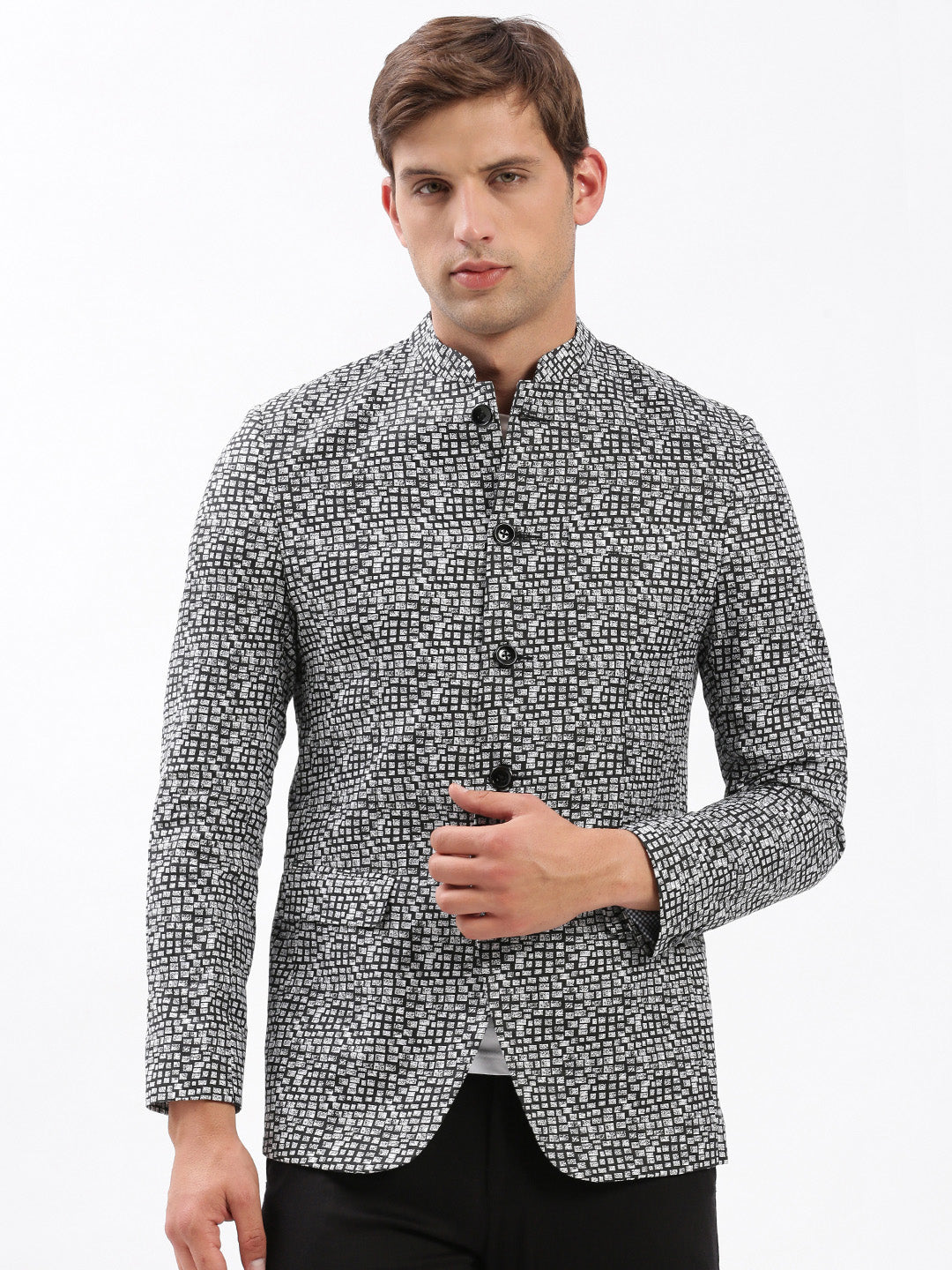 Men Mandarin Collar Printed Black Blazer