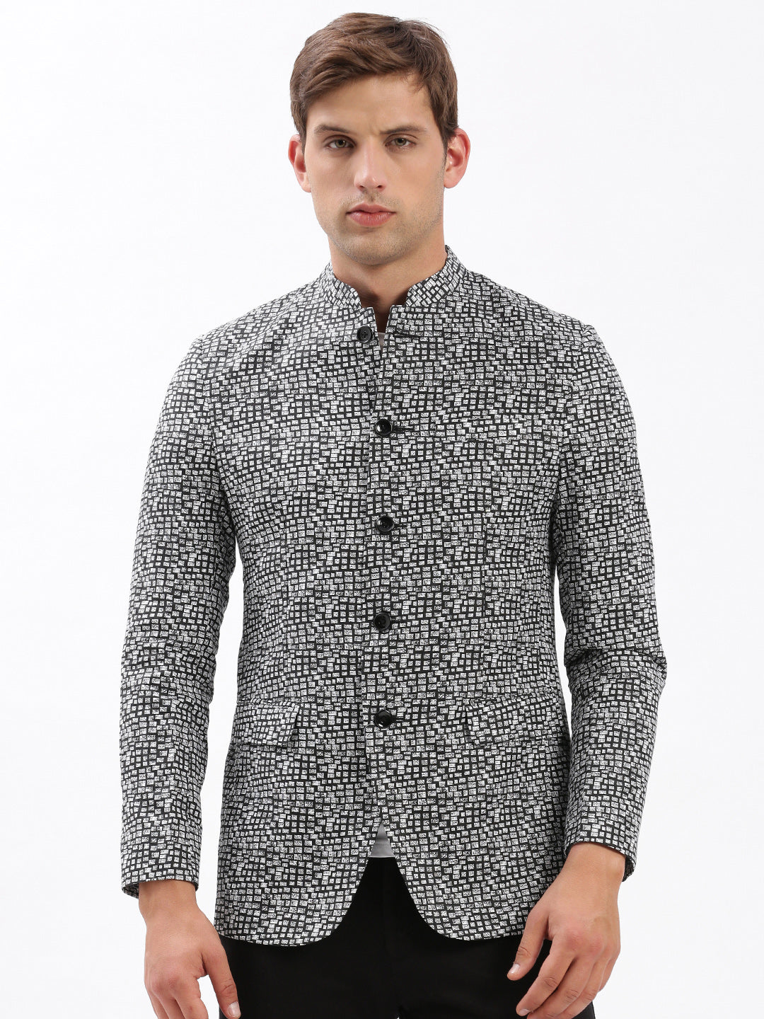 Men Mandarin Collar Printed Black Blazer