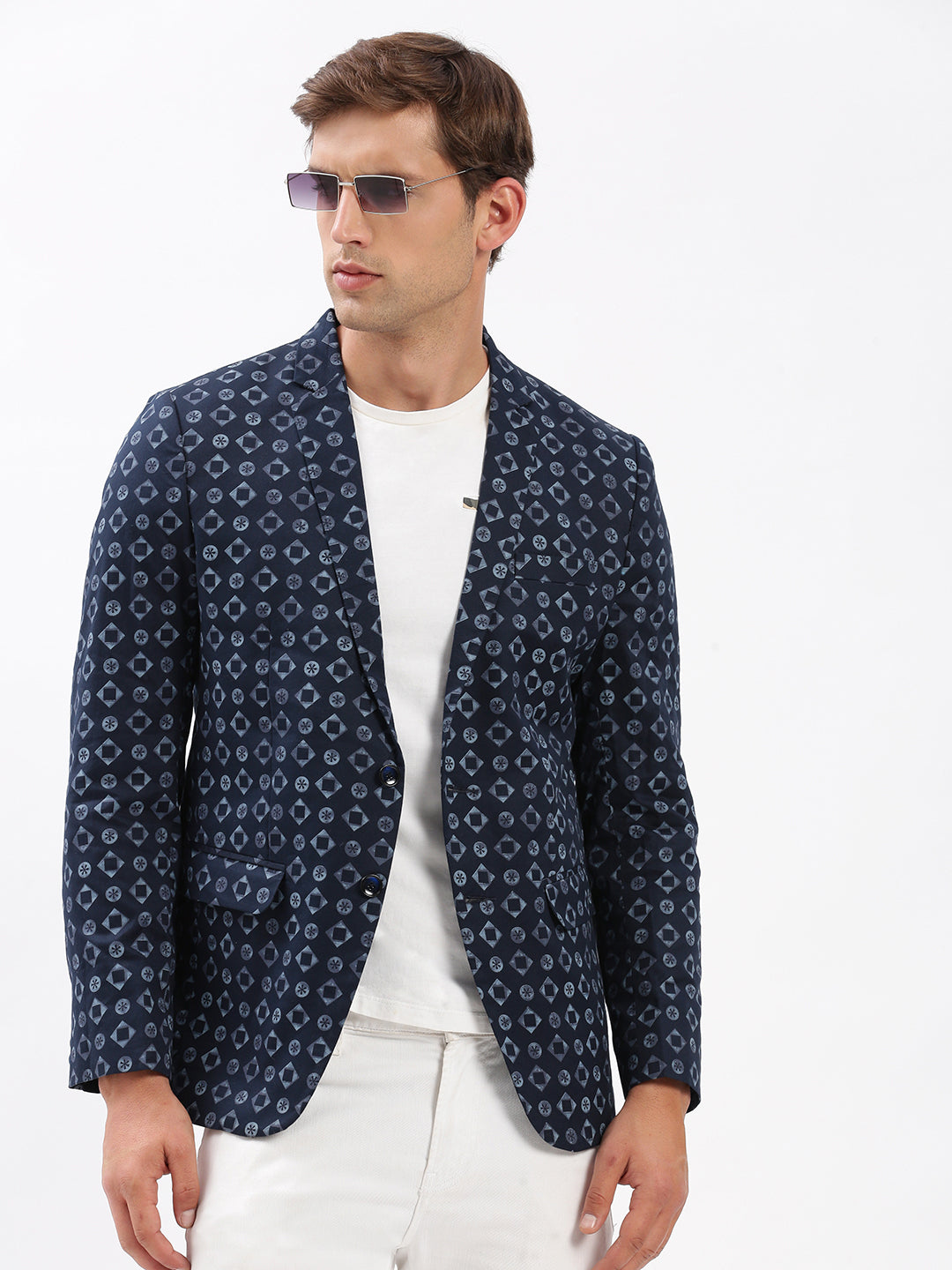 Men Notched Lapel Printed Navy Blue Blazer