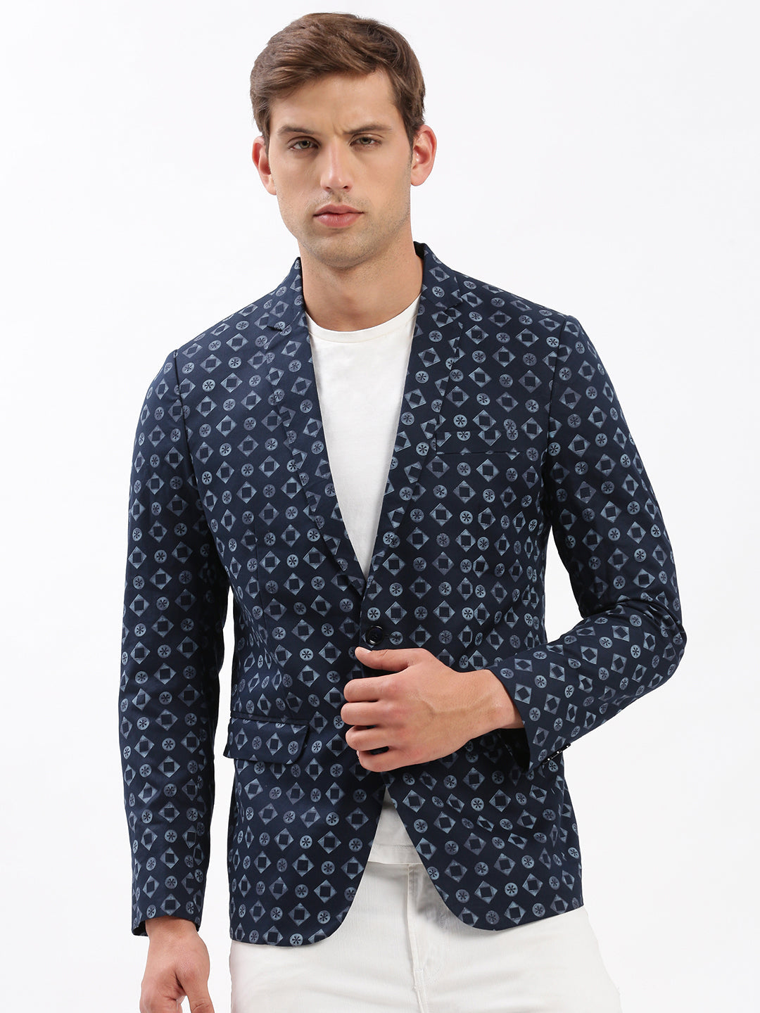 Men Notched Lapel Printed Navy Blue Blazer