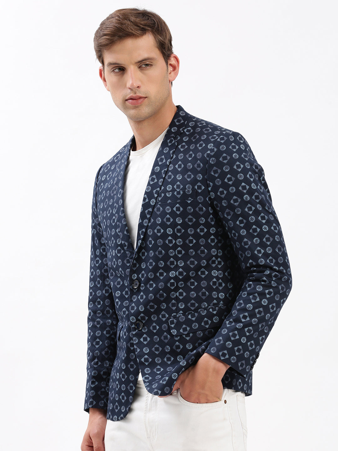 Men Notched Lapel Printed Navy Blue Blazer