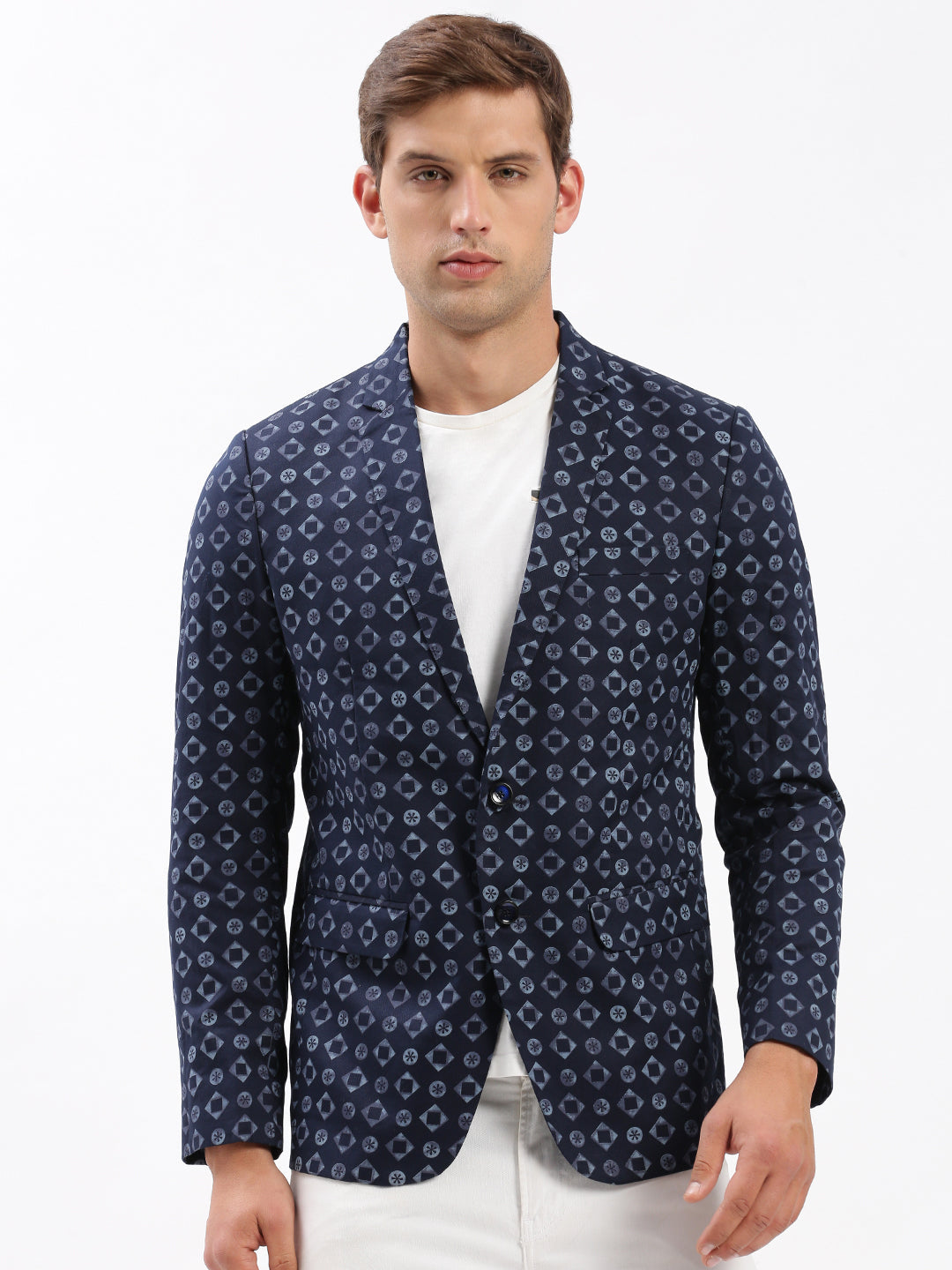 Men Notched Lapel Printed Navy Blue Blazer