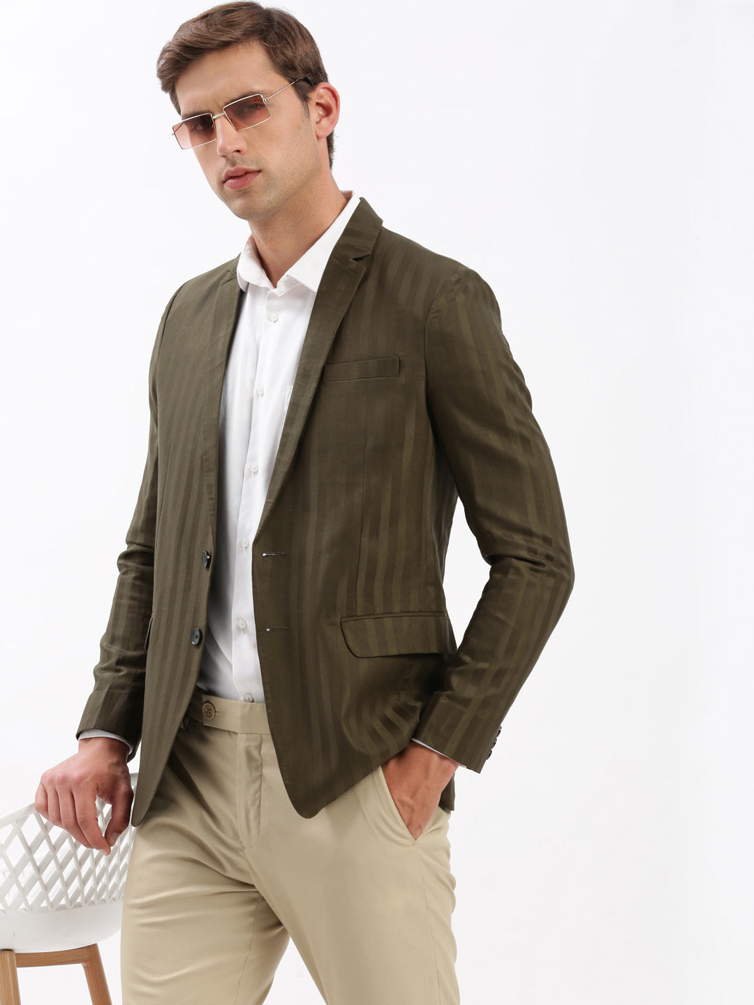 Men Notched Lapel Self Design Olive Blazer