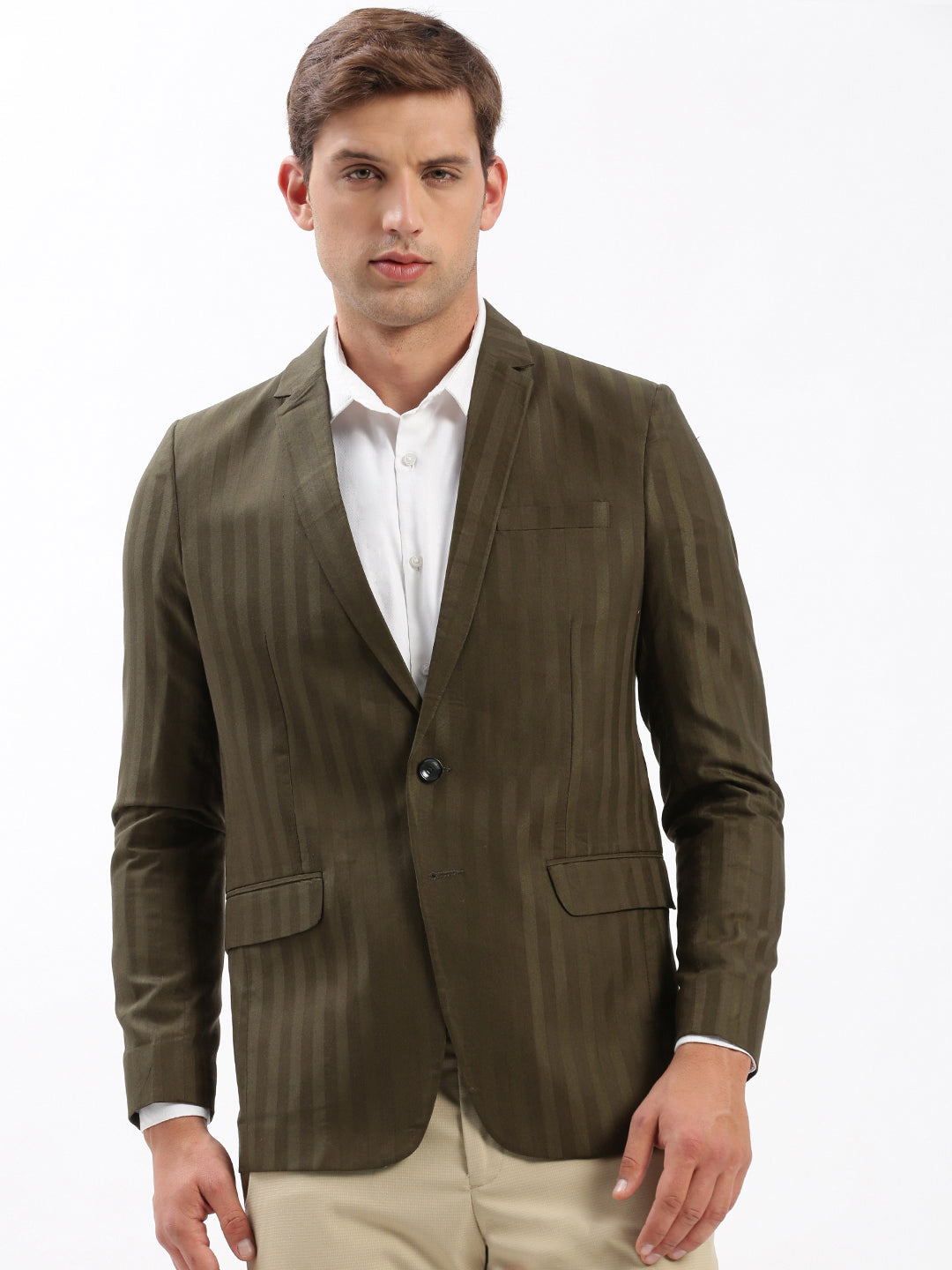 Men Notched Lapel Self Design Olive Blazer