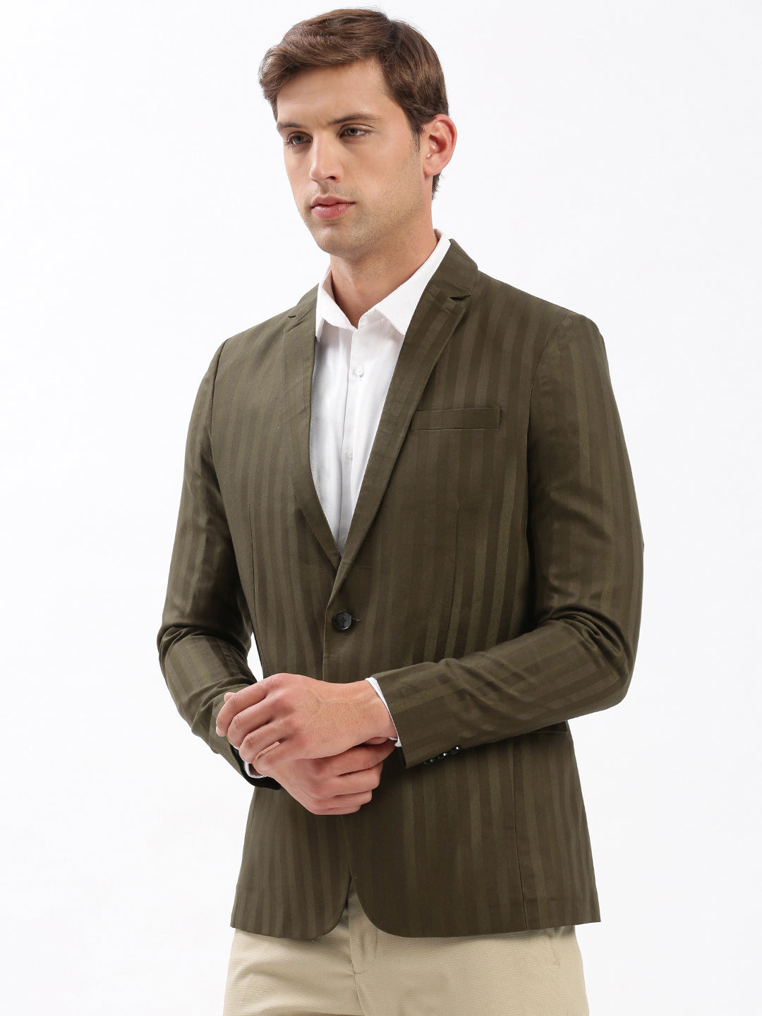 Men Notched Lapel Self Design Olive Blazer