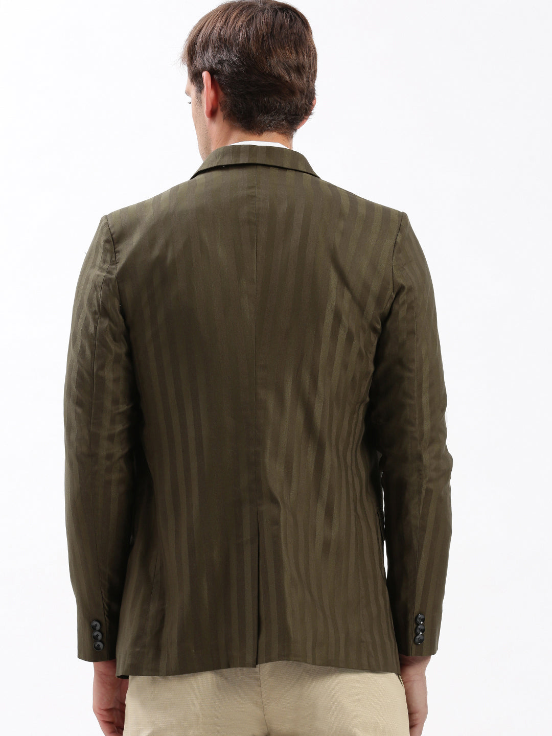 Men Notched Lapel Self Design Olive Blazer