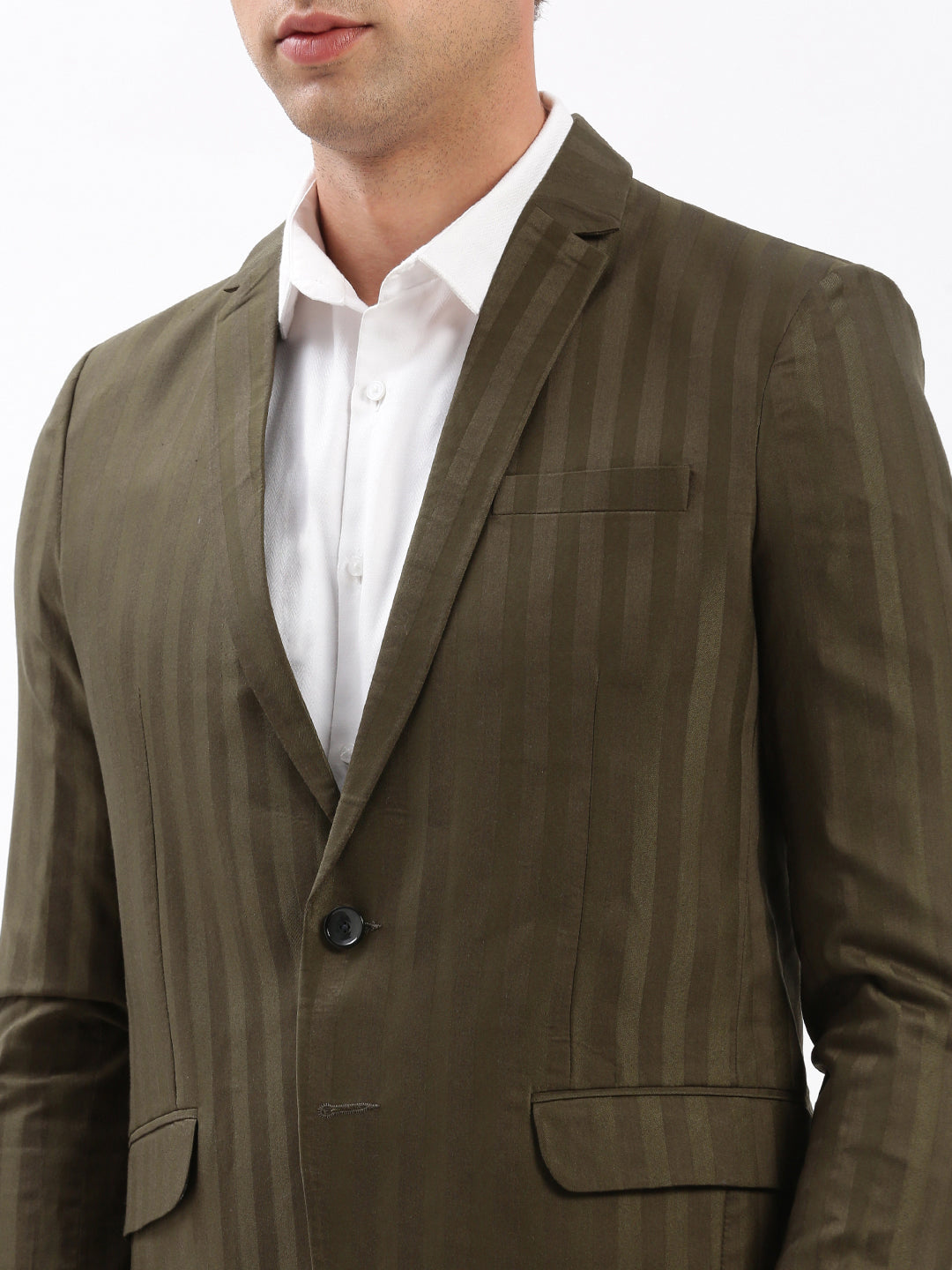 Men Notched Lapel Self Design Olive Blazer