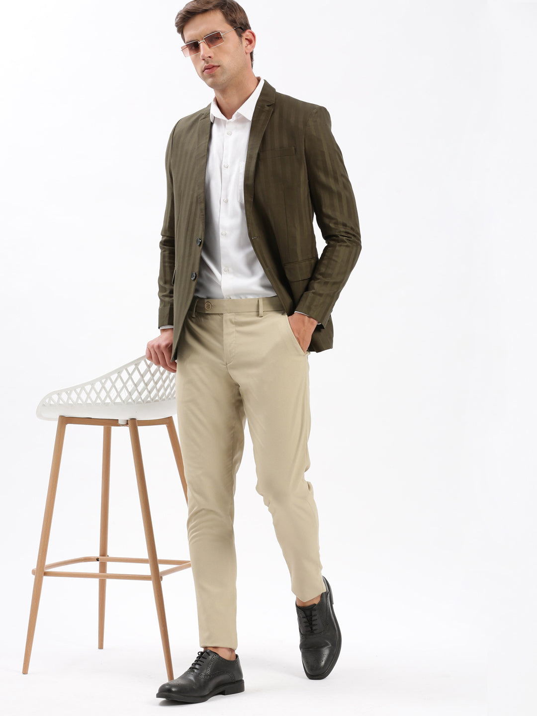 Men Notched Lapel Self Design Olive Blazer