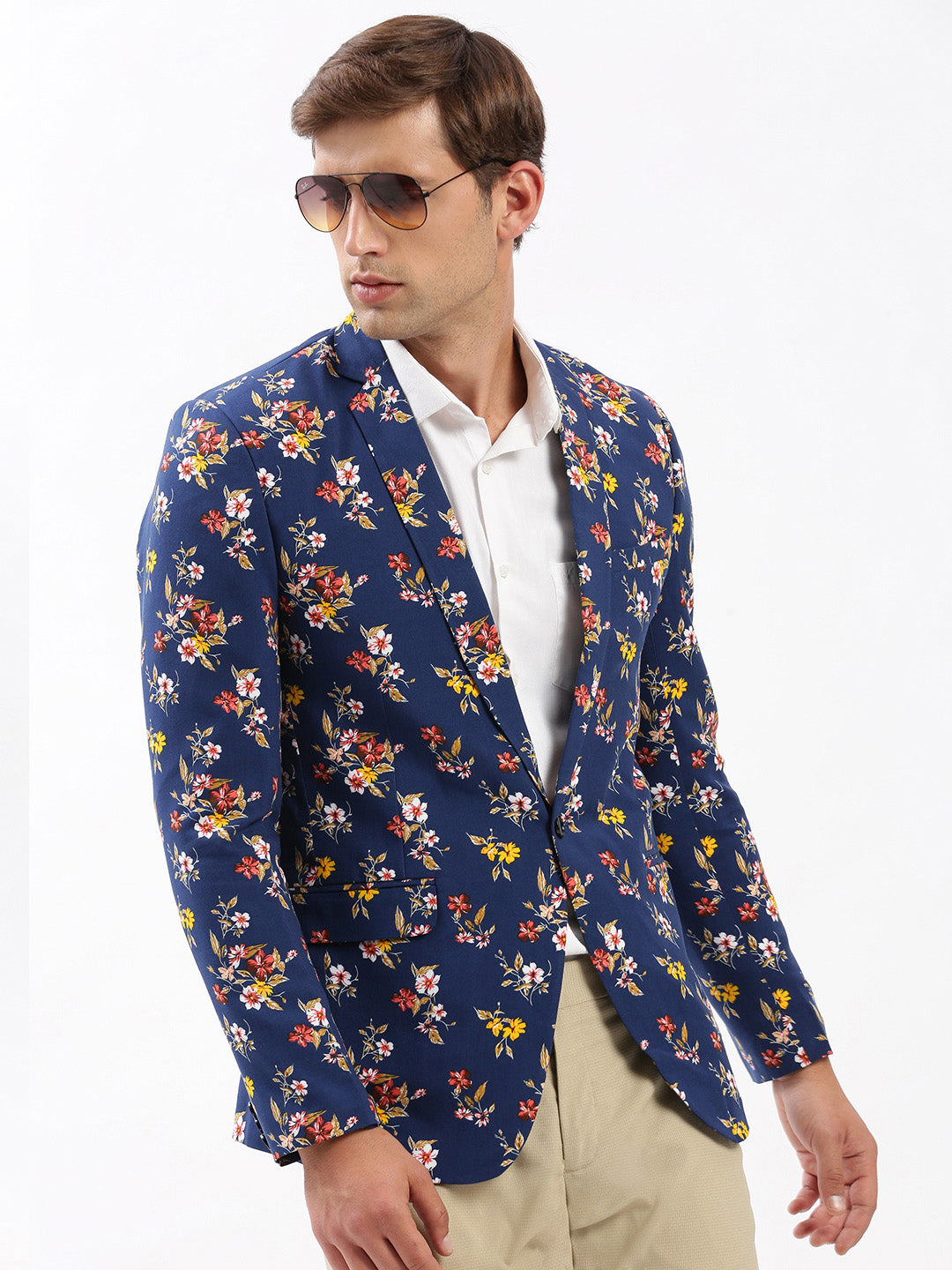 Men Notched Lapel Printed Navy Blue Blazer