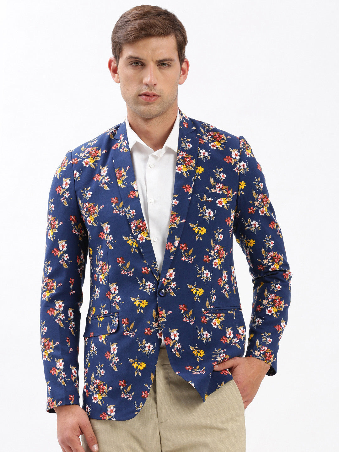 Men Notched Lapel Printed Navy Blue Blazer