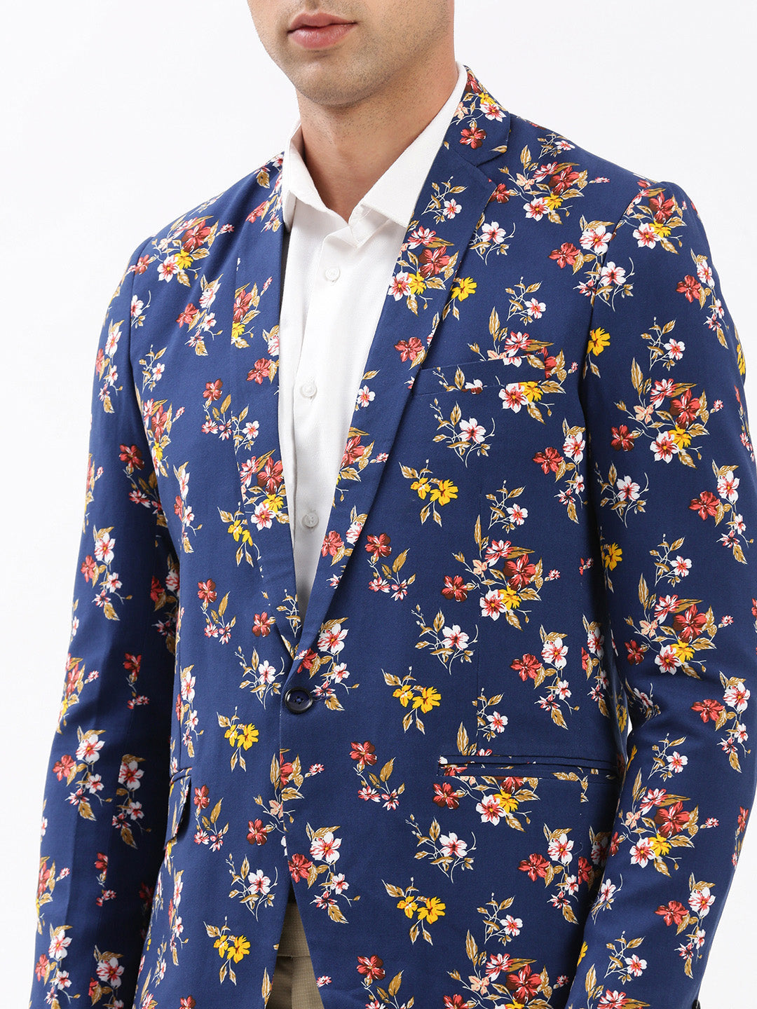 Men Notched Lapel Printed Navy Blue Blazer