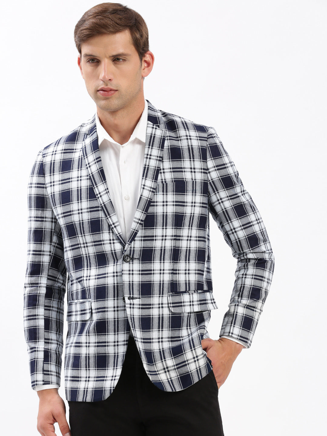 Men Notched Lapel Checked Navy Blue Blazer