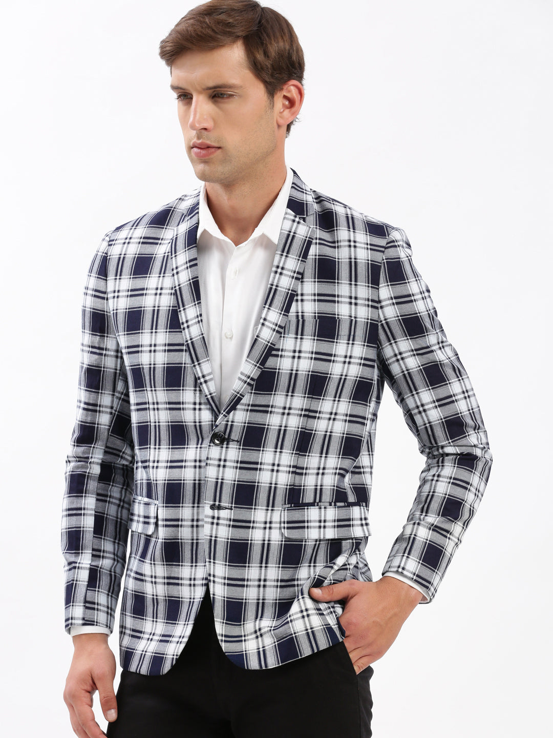 Men Notched Lapel Checked Navy Blue Blazer