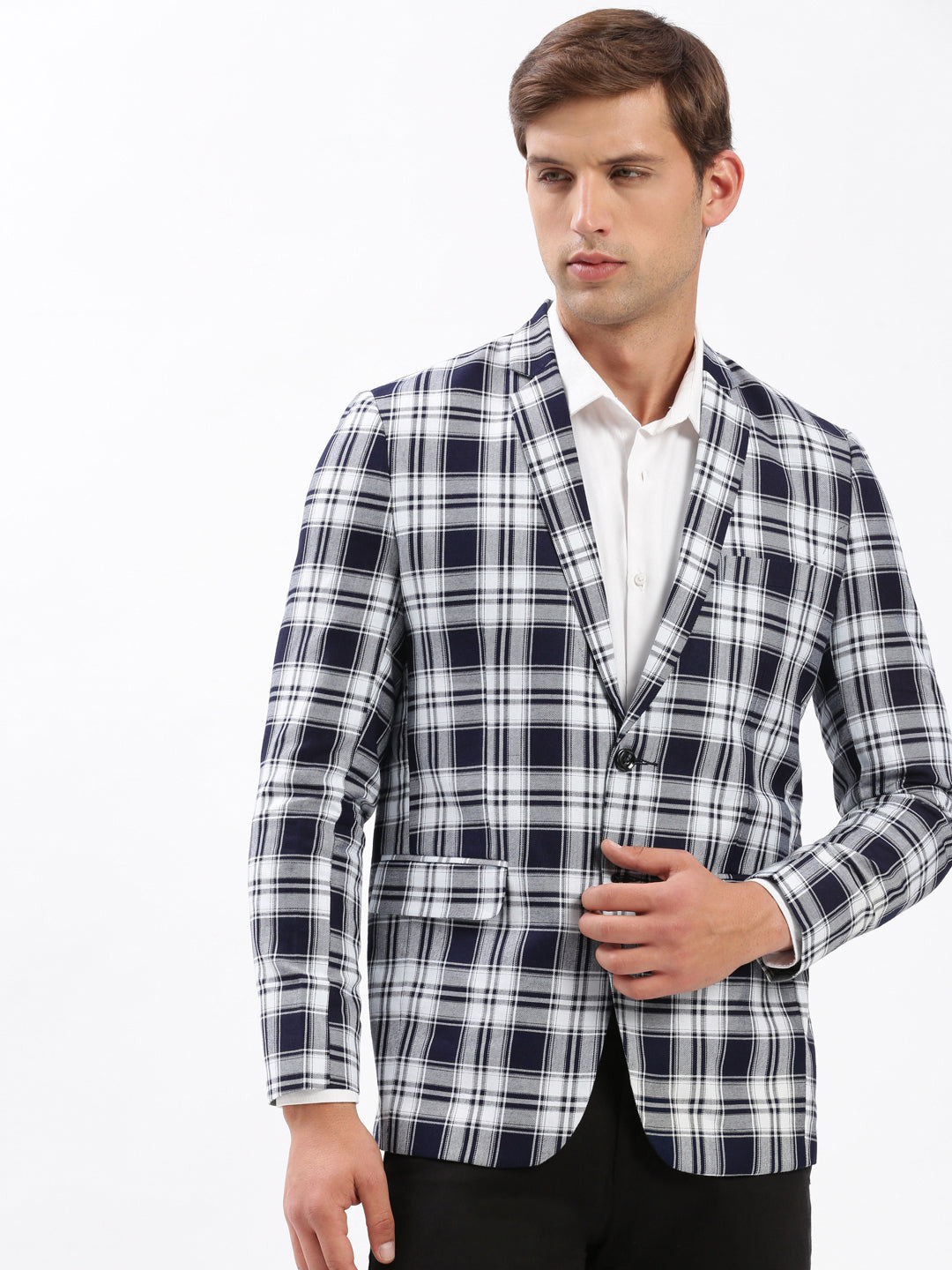 Men Notched Lapel Checked Navy Blue Blazer