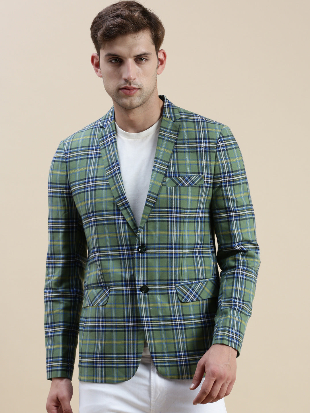 Men Green Checked Notched Lapel Blazer