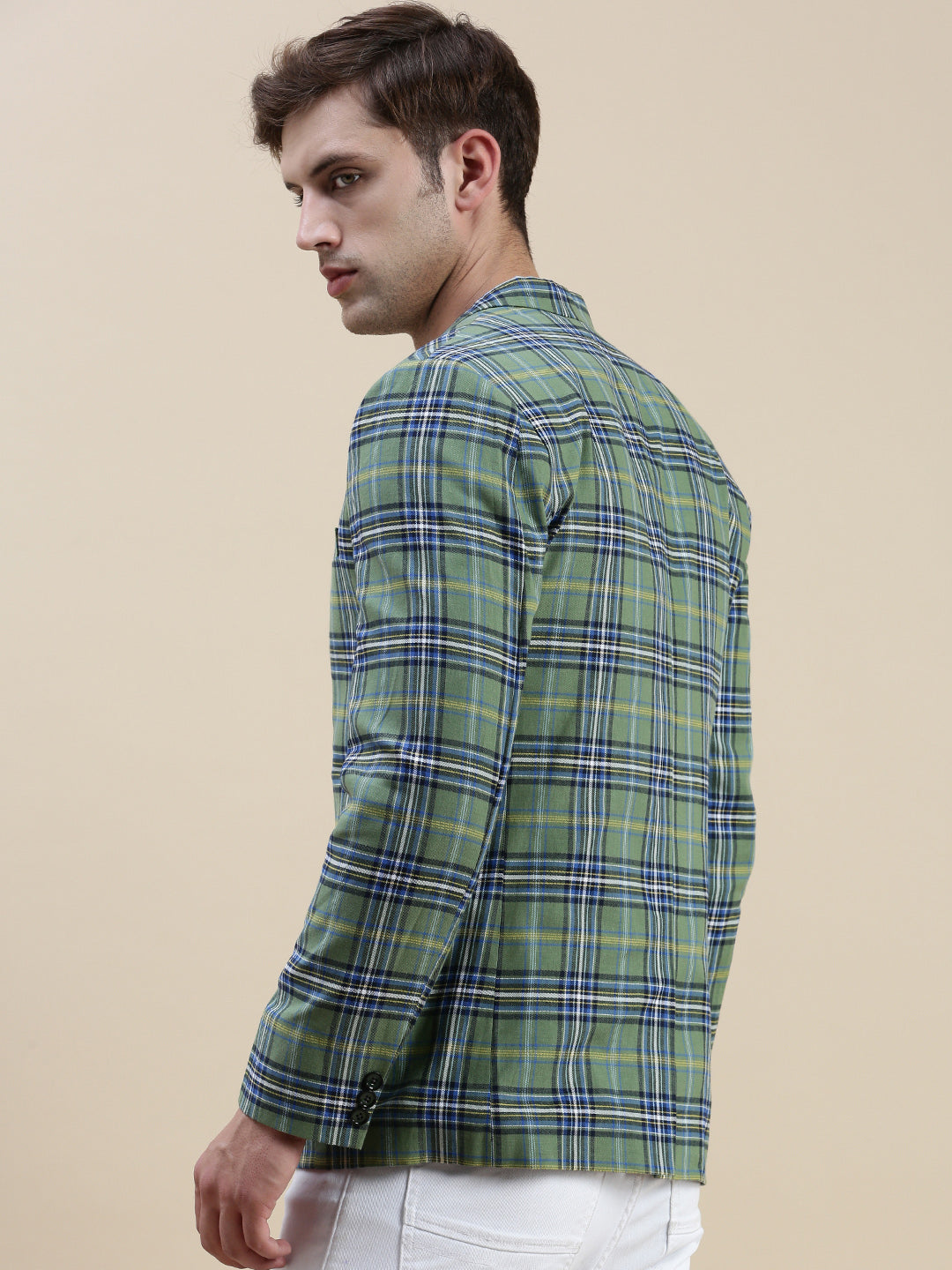 Men Green Checked Notched Lapel Blazer