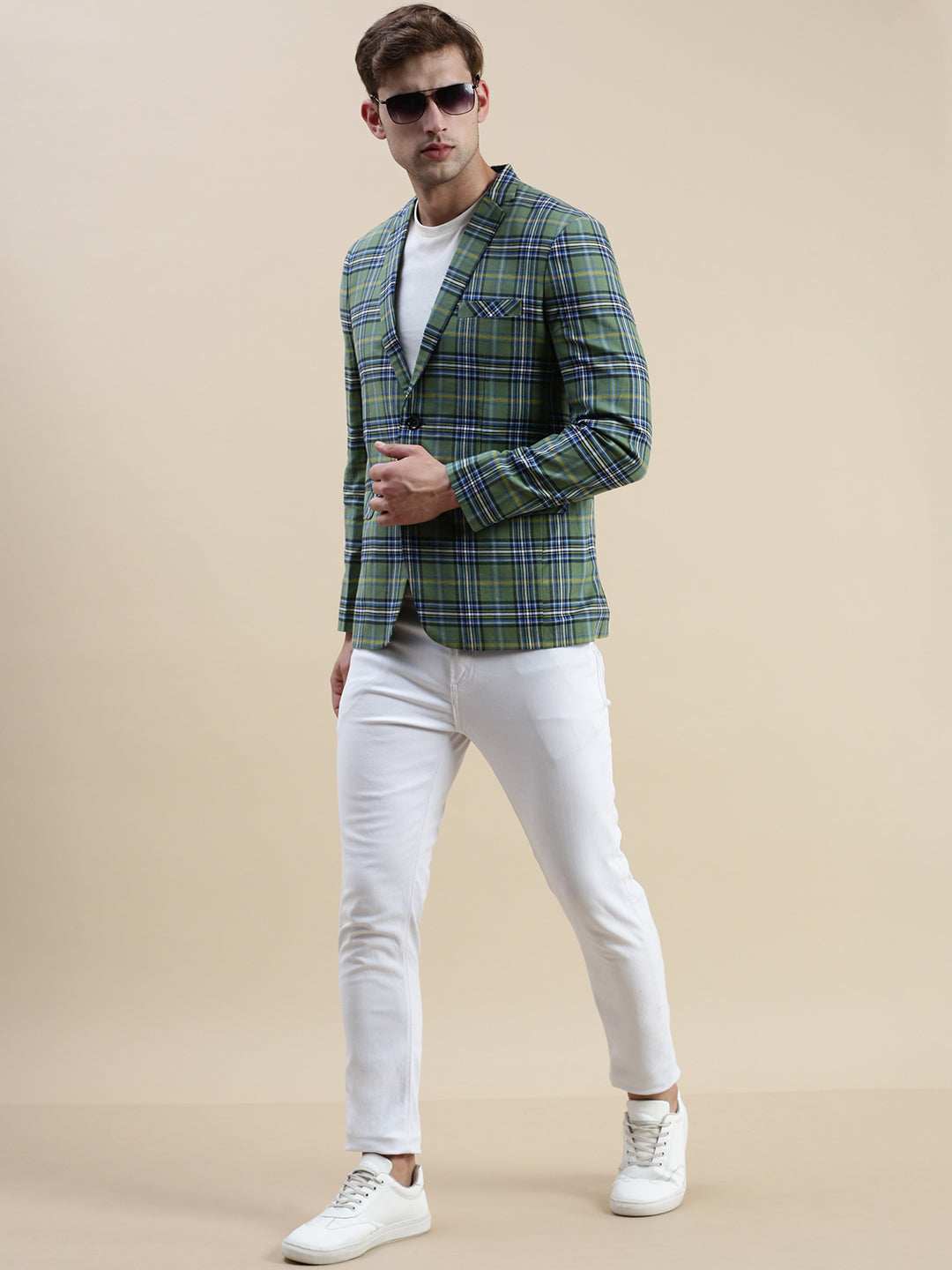 Men Green Checked Notched Lapel Blazer