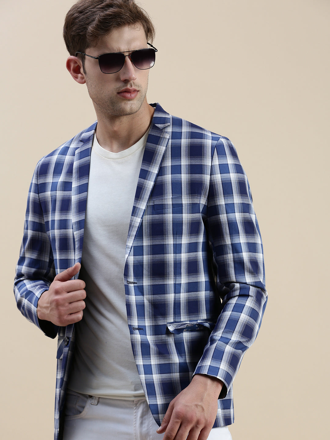 Men Blue Checked Casual Blazer