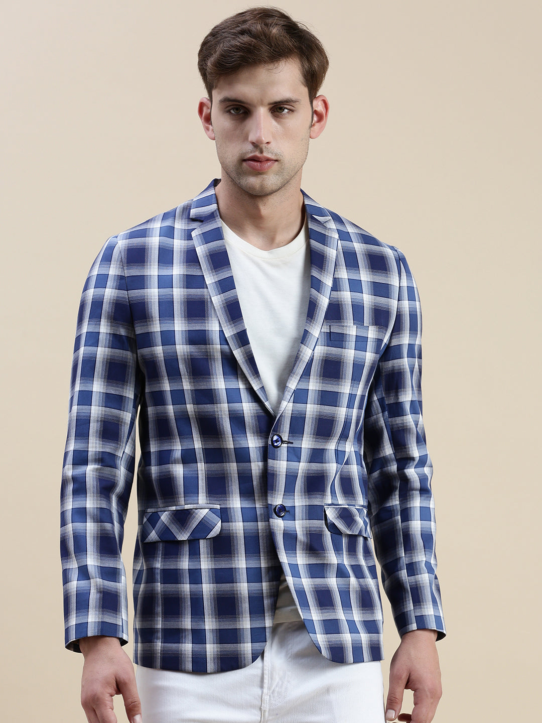 Men Blue Checked Casual Blazer