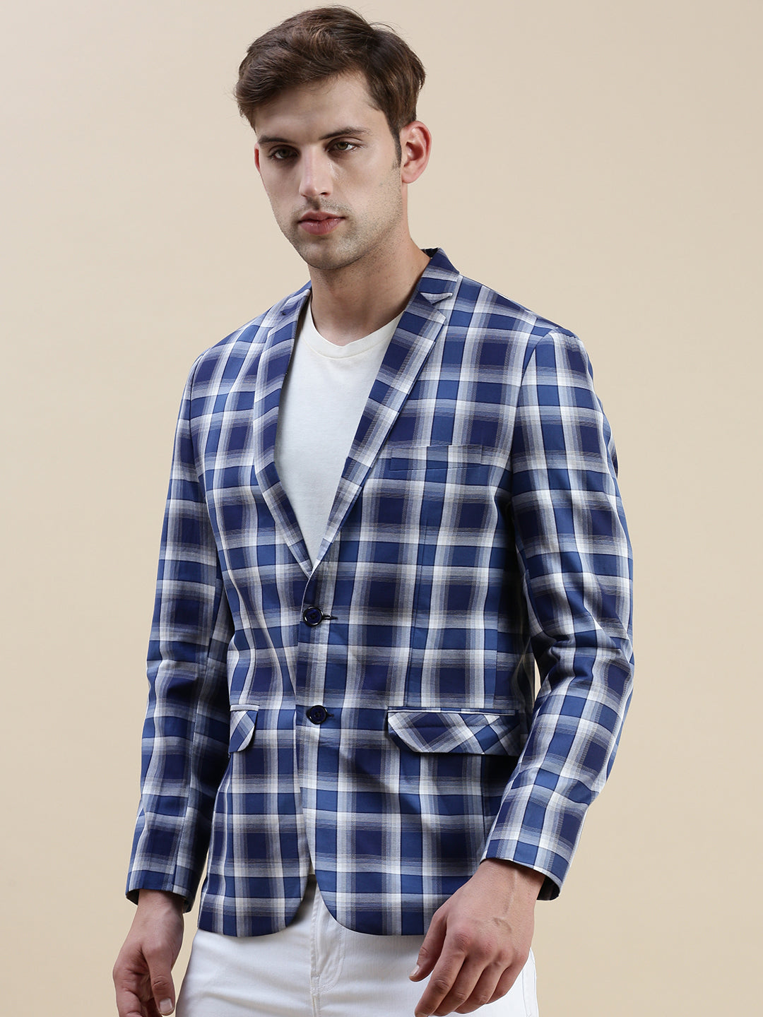 Men Blue Checked Casual Blazer