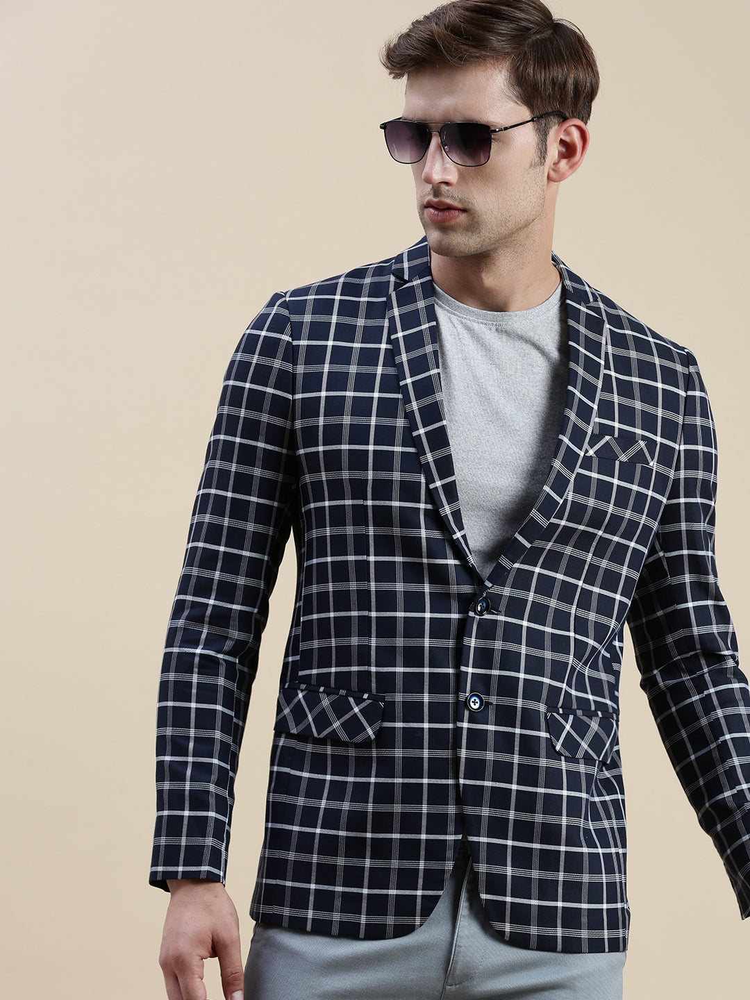 Men Navy Checked Casual Blazer