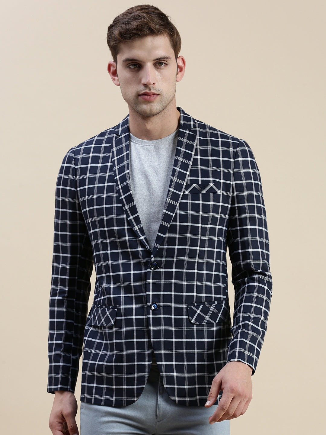 Men Navy Checked Casual Blazer