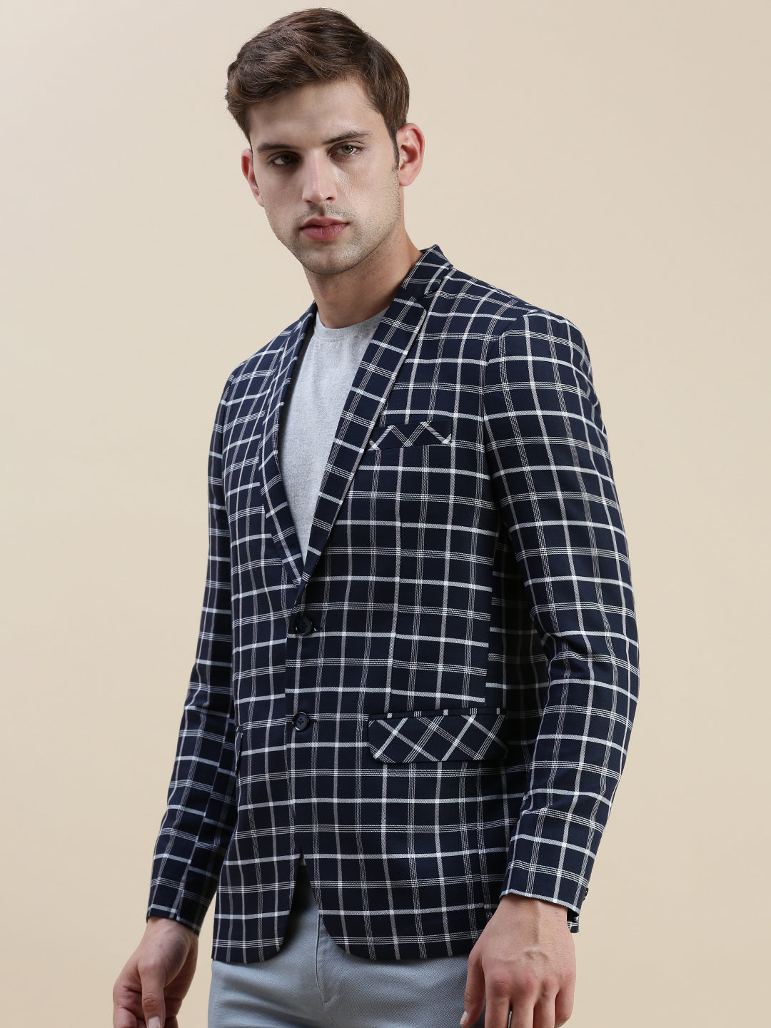 Men Navy Checked Casual Blazer