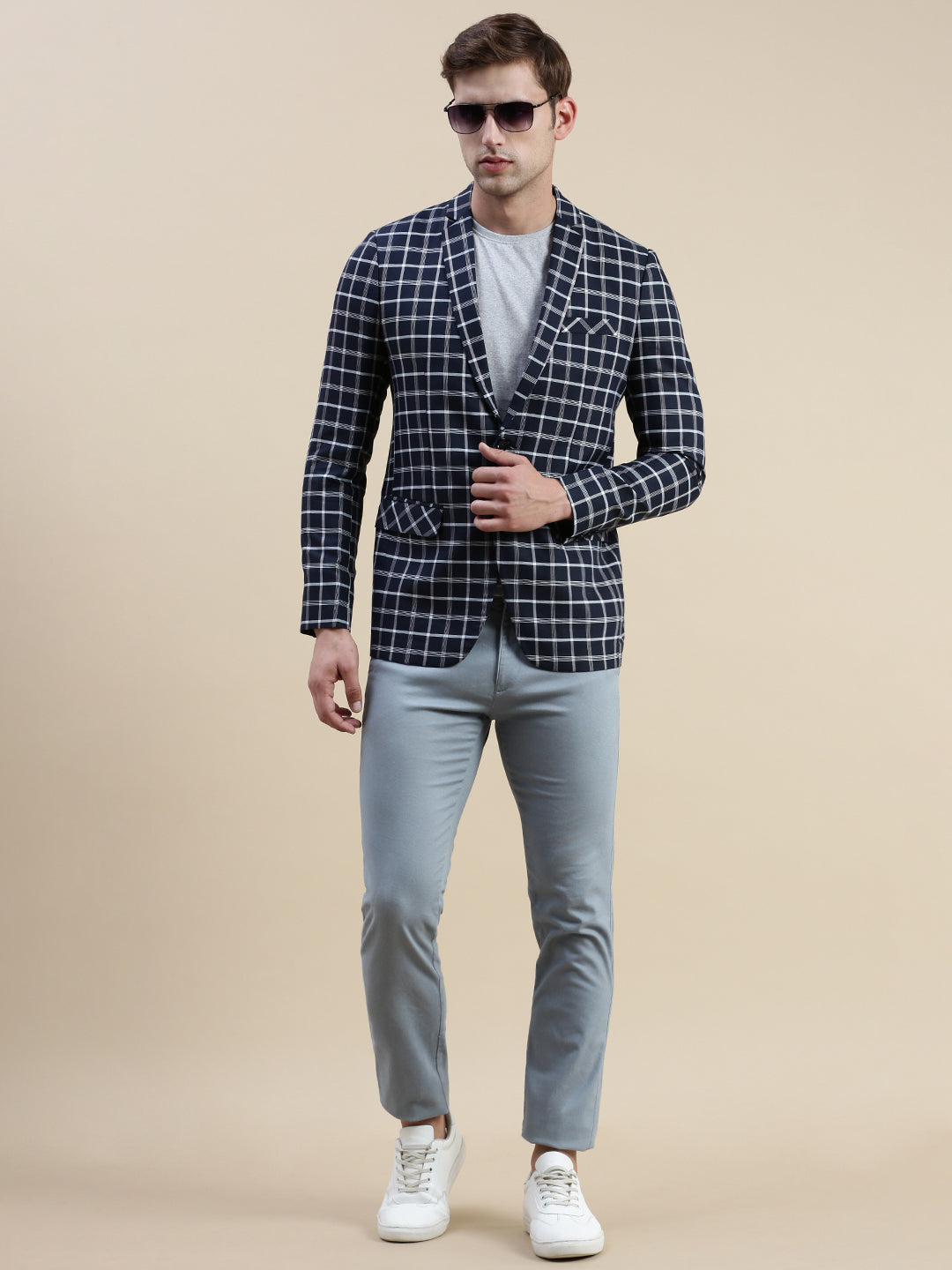 Men Navy Checked Casual Blazer